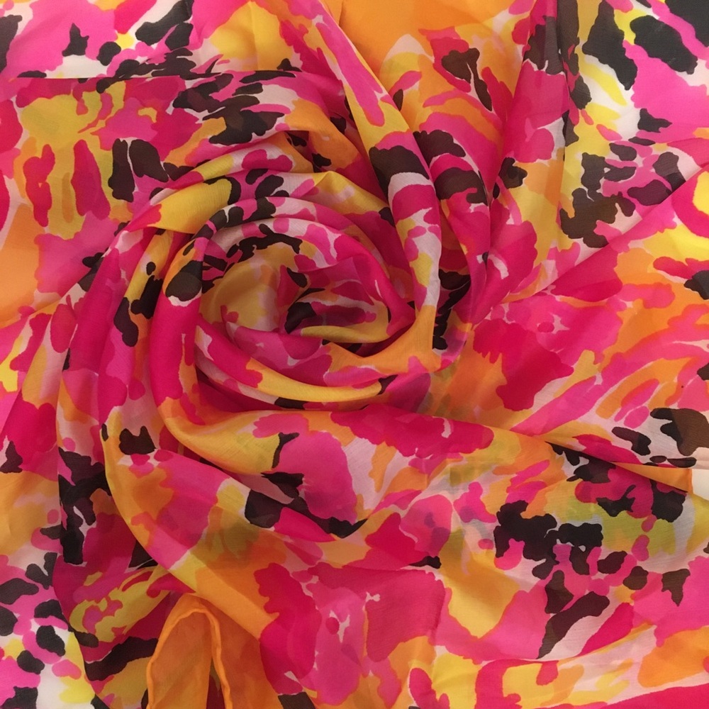 Vintage robert William corinthia silk scarf NWT 29x29” orange pink black spain